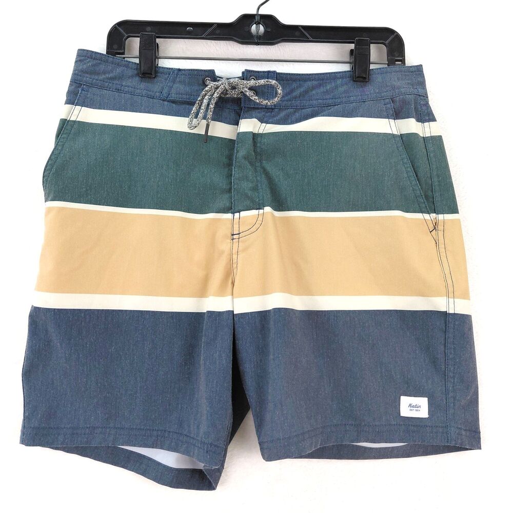 Katin Board Shorts Mens 32 Blue Tan Green Striped Swim Suit Trunk Beach Surf Y2K